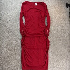 Cache Dress Womens M Red Long Sleeve Ruched Studded Bodycon Midi Party Cocktail